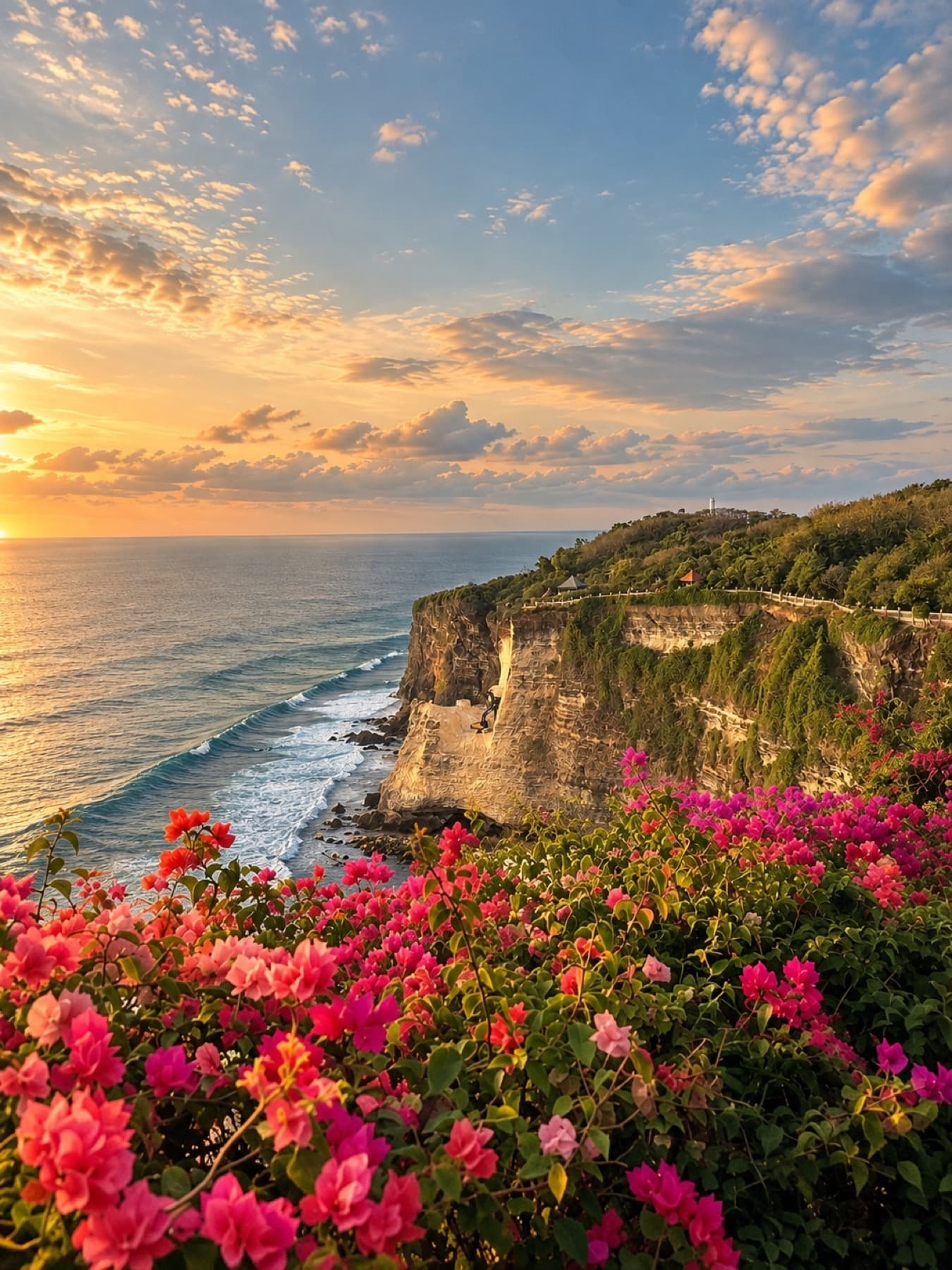 Pink bougainvillea framing a coastal cliff at golden hour